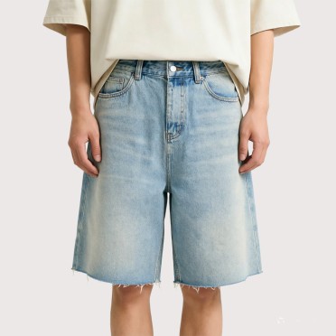 Retro Blue Washed Loose-Fit Denim Shorts