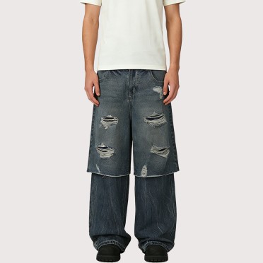 Two-Tone Paneled Loose-Fit Denim Trousers