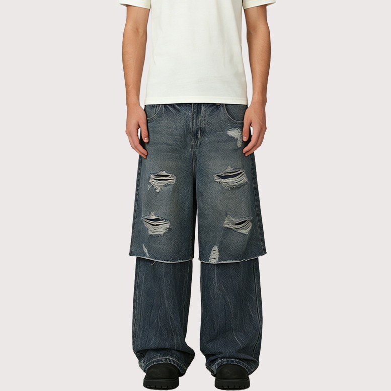 Two-Tone Paneled Loose-Fit Denim Trousers