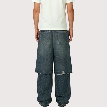 Two-Tone Paneled Loose-Fit Denim Trousers