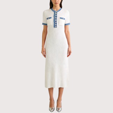 Chic Denim-Paneled Knit Dress