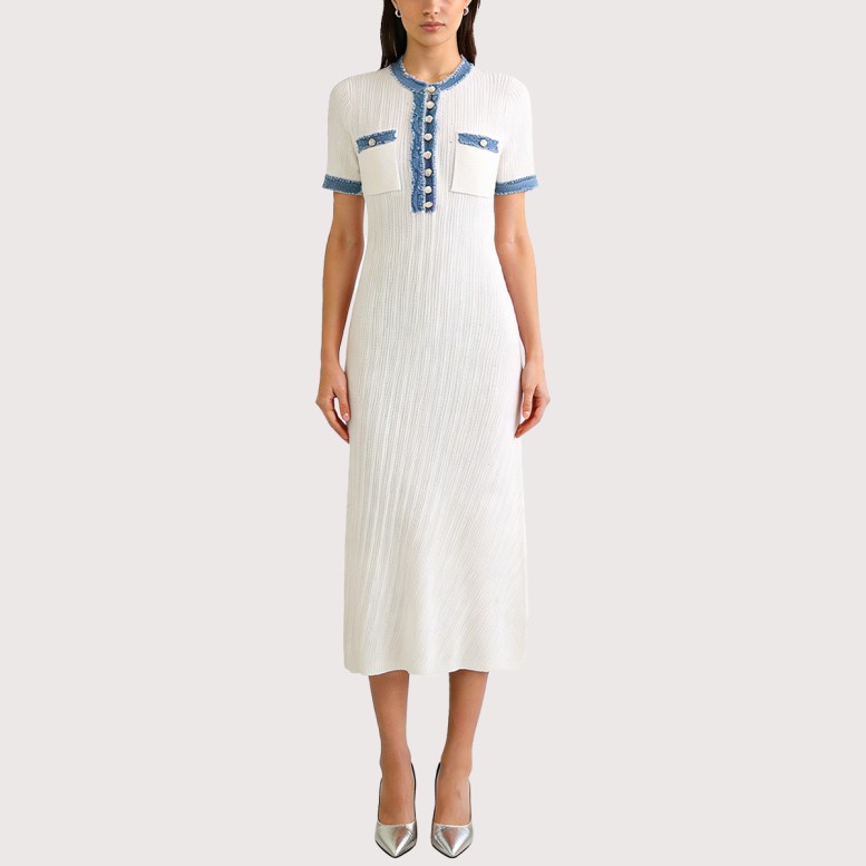 Chic Denim-Paneled Knit Dress