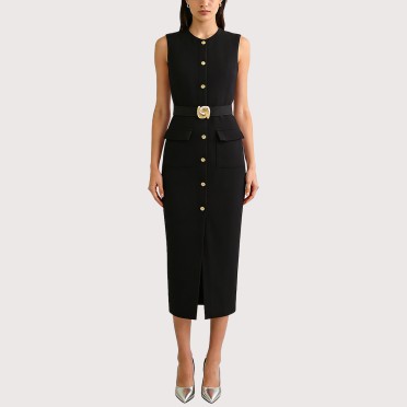 Crepe A-Line Sleeveless Dress with Belt