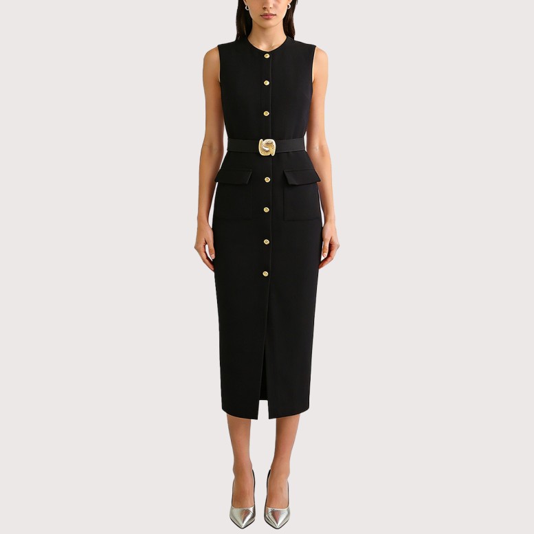 Crepe A-Line Sleeveless Dress with Belt