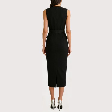 Crepe A-Line Sleeveless Dress with Belt