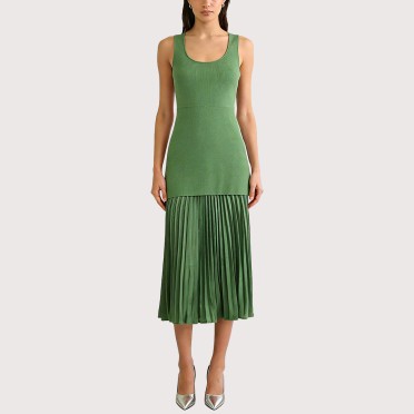 Green Dress with Pleated Ruffle Paneling