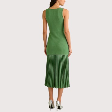 Green Dress with Pleated Ruffle Paneling