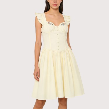 Fresh Lemon-Yellow Square-Neck Waist-Defining Dress