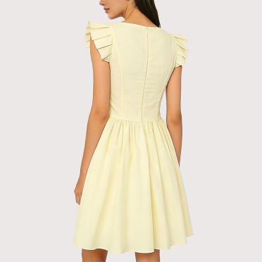 Fresh Lemon-Yellow Square-Neck Waist-Defining Dress