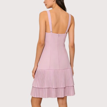 Square neck pleated mini sleeveless dress