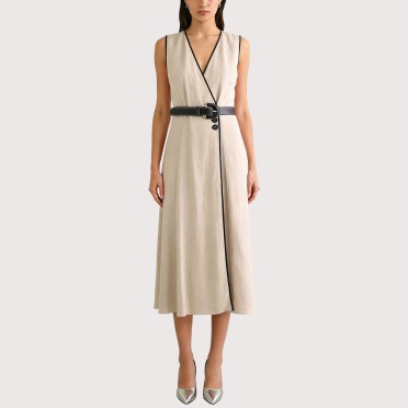 V-neck linen midi dress with belt