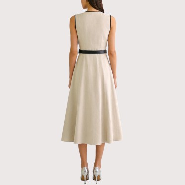 V-neck linen midi dress with belt