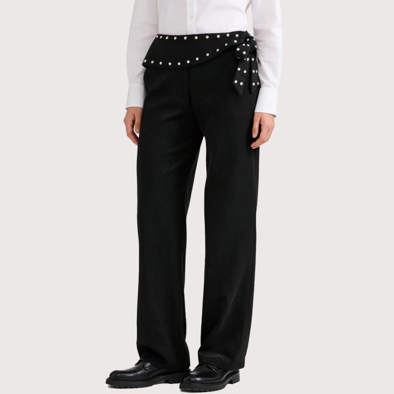 High-waisted rhinestone-embellished flared pants