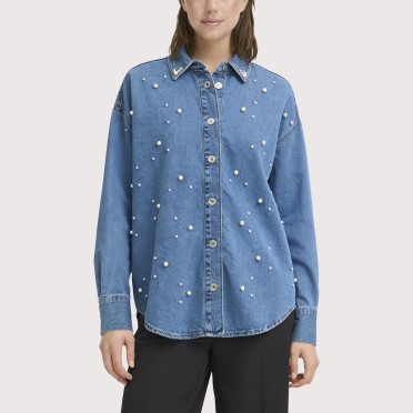 Loose-fitting beaded denim shirt